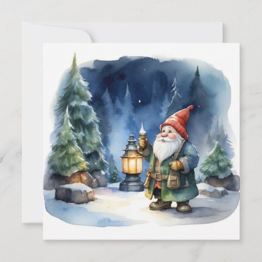 Waterverf Kerstmis Gnome in het Bos Feestdagenkaart (Voorkant)