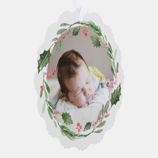 Waterverf Kerstmis Groen Krans Baby Foto Ornament Kaart (Rechts)