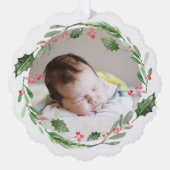 Waterverf Kerstmis Groen Krans Baby Foto Ornament Kaart (Voorkant)