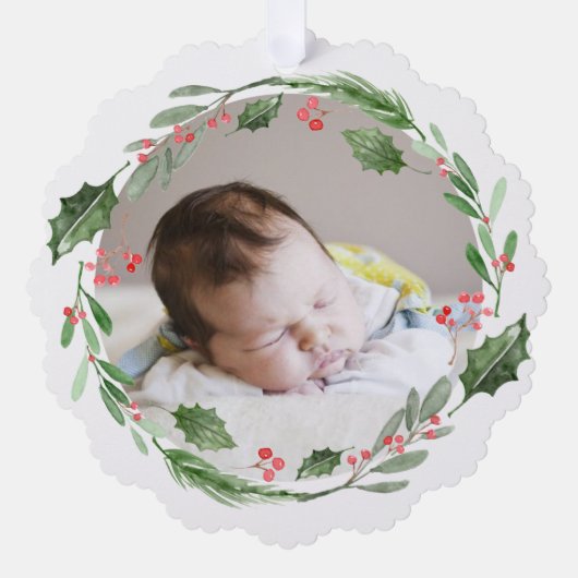 Waterverf Kerstmis Groen Krans Baby Foto Ornament Kaart (Voorkant)