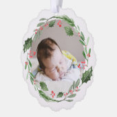 Waterverf Kerstmis Groen Krans Baby Foto Ornament Kaart (Links)