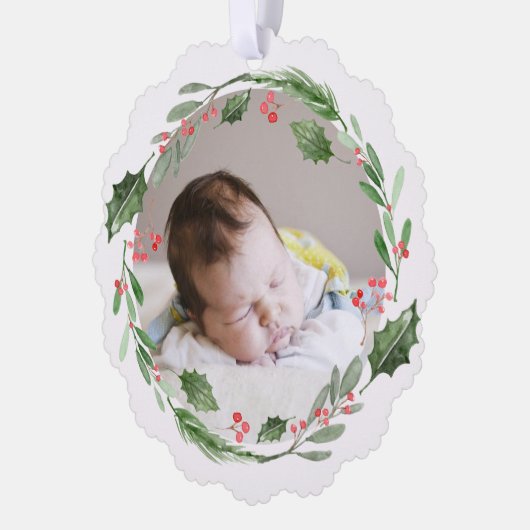 Waterverf Kerstmis Groen Krans Baby Foto Ornament Kaart (Links)