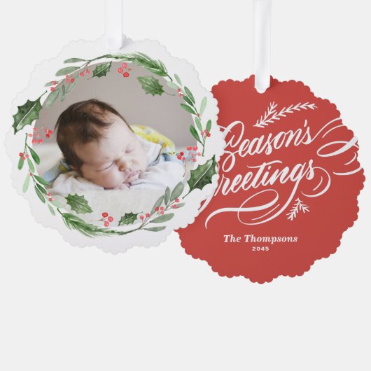 Waterverf Kerstmis Groen Krans Baby Foto Ornament Kaart (Voorkant / Achterkant)