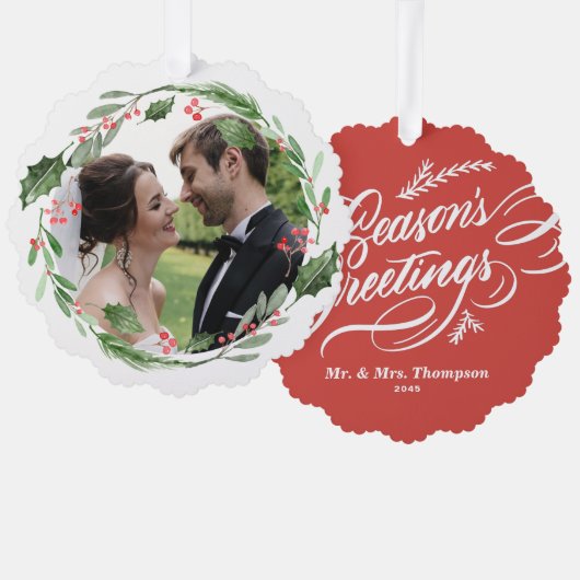 Waterverf Kerstmis groen krans bruiloft foto Ornament Kaart (Voorkant / Achterkant)