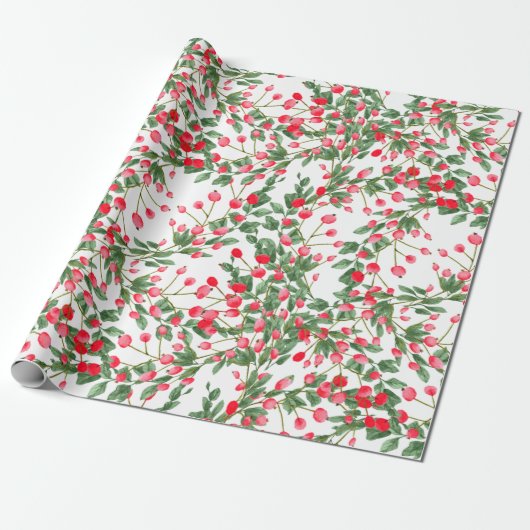 Waterverf Kerstmis Holly Berries Feestdagen Cadeaupapier (Uitgerold)