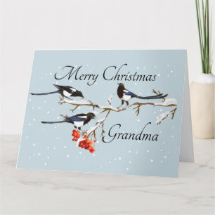 Waterverf Kerstmis Holly Magpie Bird Grandma Kaart