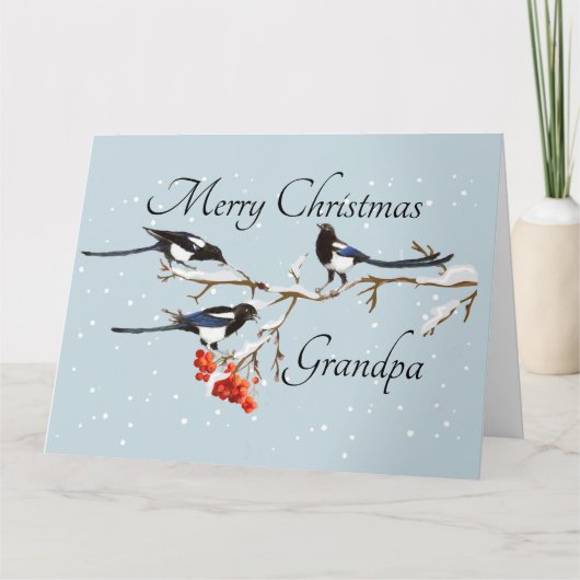 Waterverf Kerstmis Holly Magpie Bird Grandpa Kaart (Voorkant)
