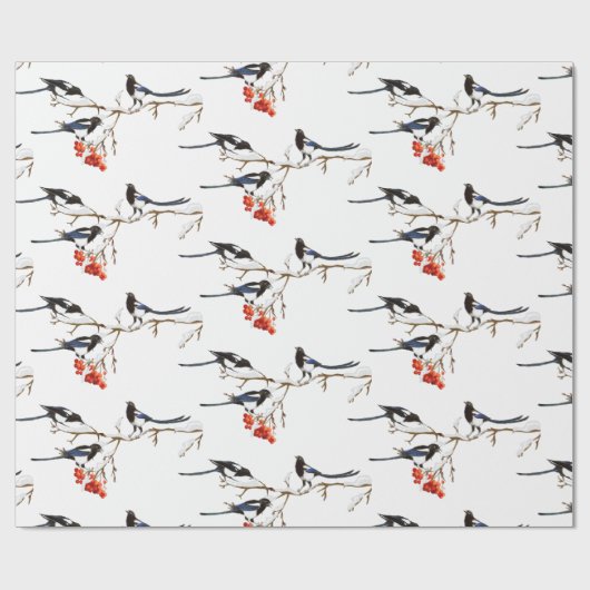 Waterverf kerstmis Holly Magpie Bird Natuur Art Cadeaupapier (Vlak)