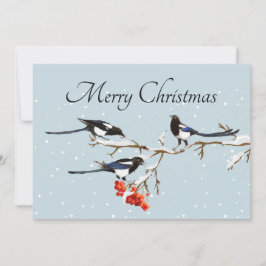 Waterverf kerstmis Holly Magpie Bird Natuur Art Kaart