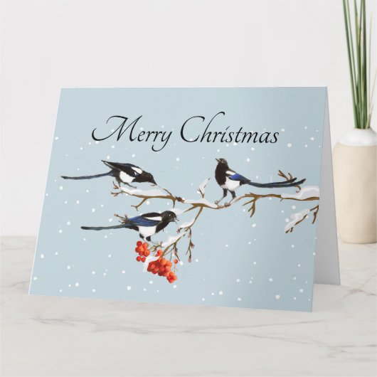 Waterverf kerstmis Holly Magpie Bird Natuur Art Kaart (Voorkant)