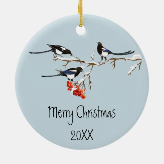 Waterverf kerstmis Holly Magpie Bird Natuur Art Keramisch Ornament (Achterkant)