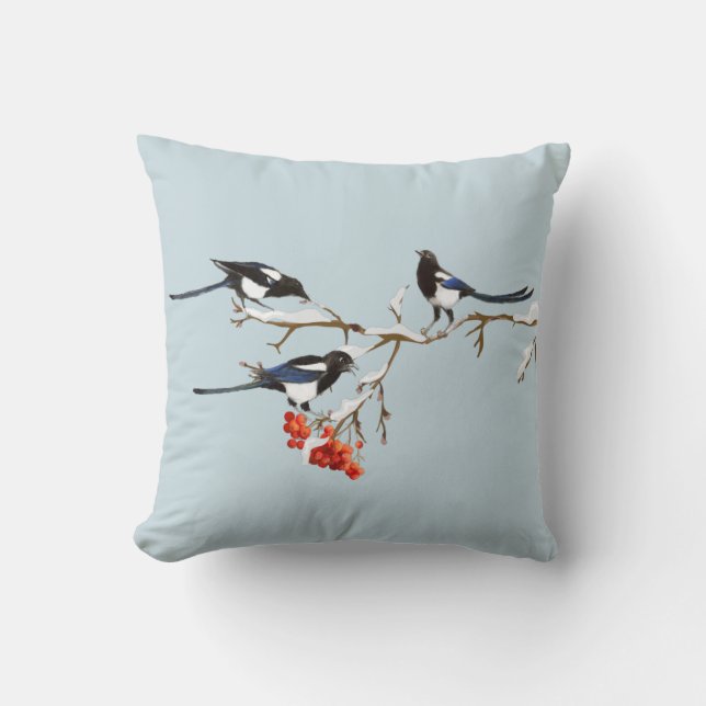 Waterverf kerstmis Holly Magpie Bird Natuur Art Kussen (Voorkant)
