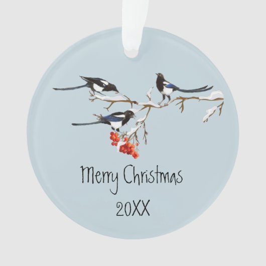 Waterverf kerstmis Holly Magpie Bird Natuur Art Ornament (voorkant)