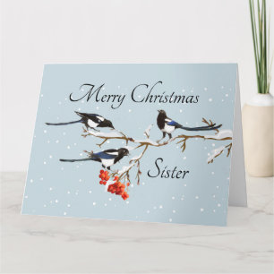 Waterverf Kerstmis Holly Magpie Bird Sister Art Kaart