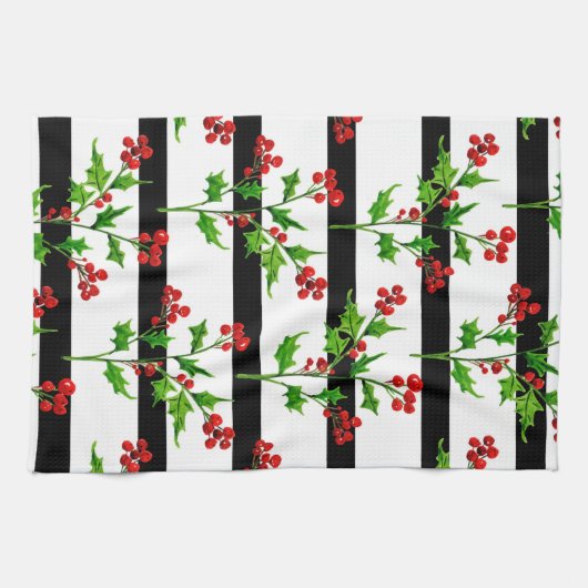 Waterverf Kerstmis Holly Modern Stripe Patroon Theedoek (Horizontaal)