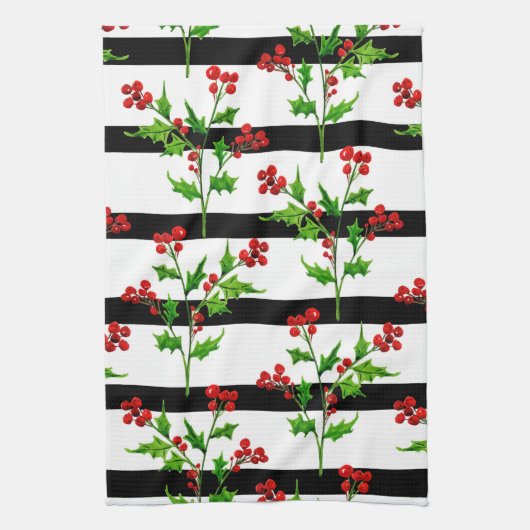 Waterverf Kerstmis Holly Modern Stripe Patroon Theedoek (Verticaal)