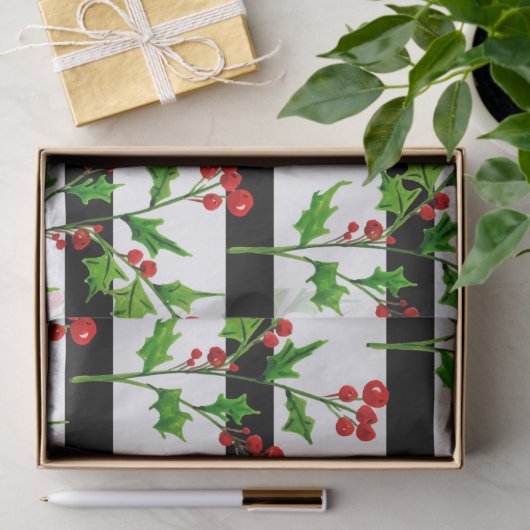 Waterverf Kerstmis Holly Modern Stripe Patroon Tissuepapier (Geschenk)