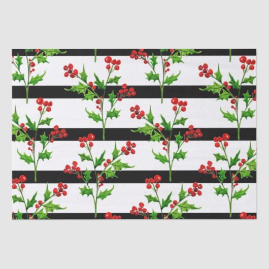 Waterverf Kerstmis Holly Modern Stripe Patroon Tissuepapier (Voorkant)