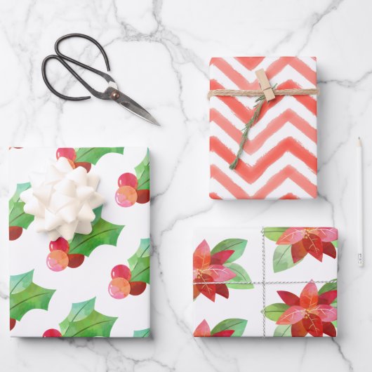 Waterverf Kerstmis Holly Poinsettia Gift Wrap Inpakpapier Vel (Voorkant)