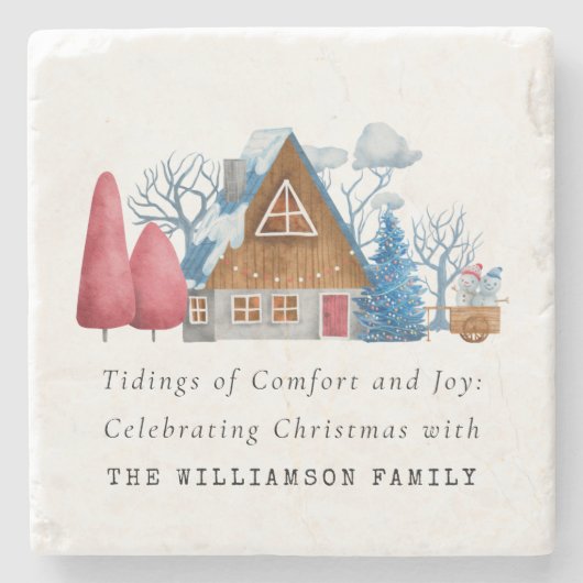  WATERVERF KERSTMIS HUIS FAMILIE MARMER STENEN ONDERZETTER (Voorkant)