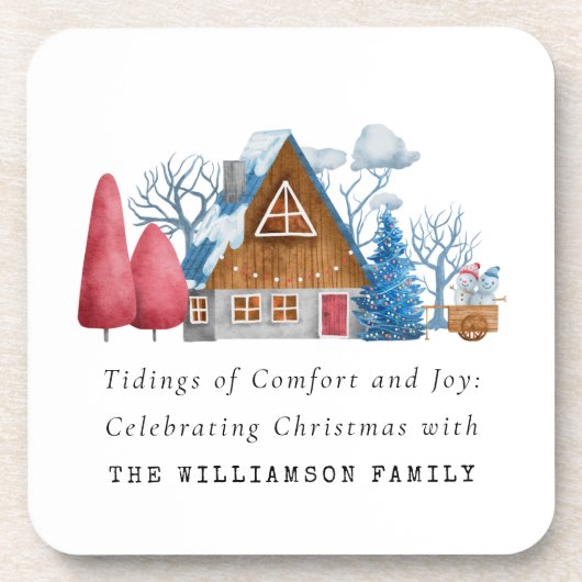  WATERVERF KERSTMIS HUIS FAMILIE PLASTIC BIER ONDERZETTER (Voorkant)