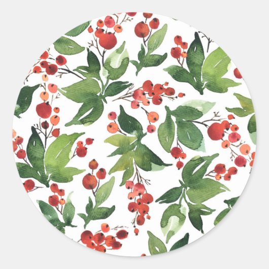 Waterverf Kerstmis Hulst Patroon Ronde Sticker (Voorkant)