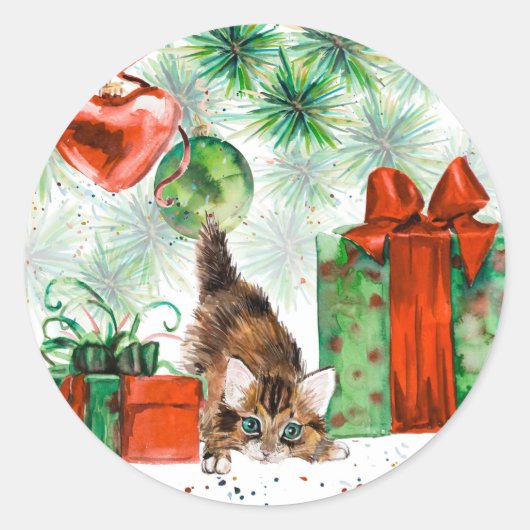 Waterverf Kerstmis - Kitten onder de boom Ronde Sticker (Voorkant)