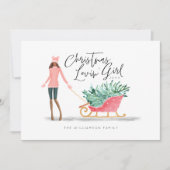 Waterverf Kerstmis Lovin' Girl Pulling Sleigh Feestdagenkaart (Voorkant)