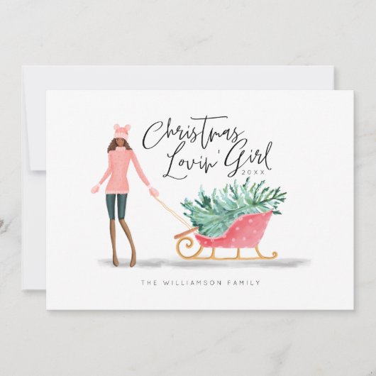 Waterverf Kerstmis Lovin' Girl Pulling Sleigh Feestdagenkaart (Voorkant)