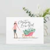 Waterverf Kerstmis Lovin' Girl Pulling Sleigh Feestdagenkaart (Staand voorkant)