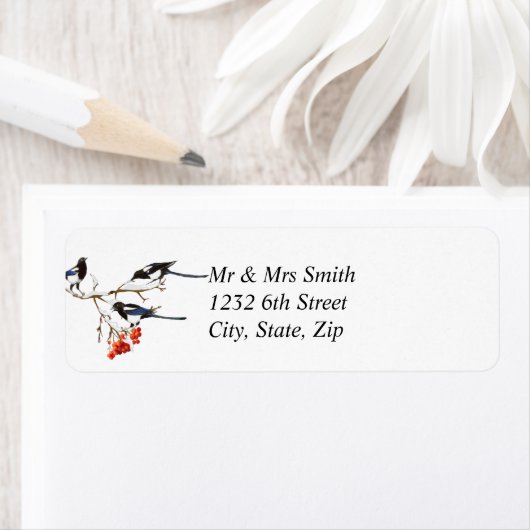 Waterverf Kerstmis Magpie Bird Berry Struik Etiket (Insitu)