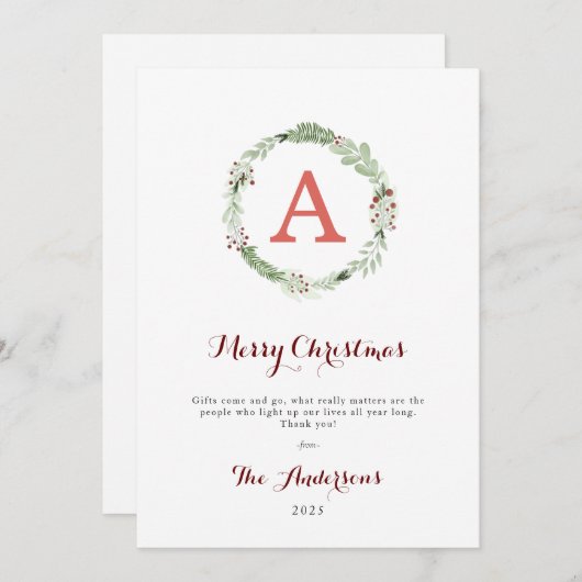 Waterverf kerstmis met moderne monogram feestdagenkaart (Voorkant / Achterkant)