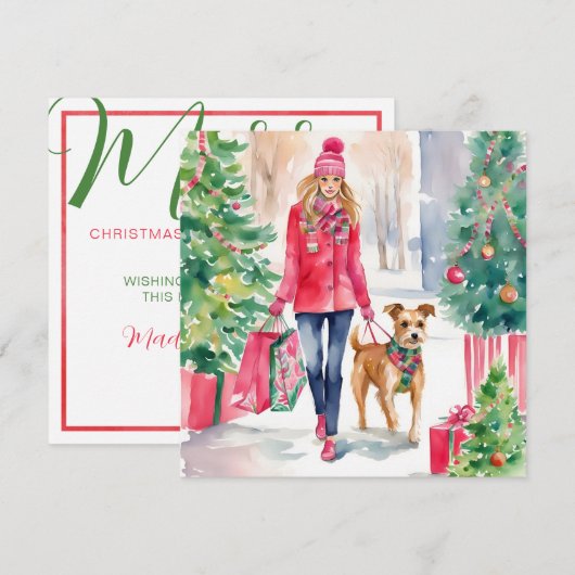 Waterverf Kerstmis Mode Shopping Meisje Feestdagenkaart (Voorkant / Achterkant)