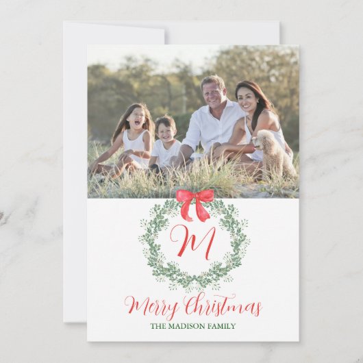Waterverf Kerstmis Monogram krans Feestdagenkaart (Voorkant)