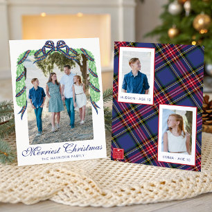 Waterverf Kerstmis Plaid Boog Guirlande Swag Foto Feestdagenkaart