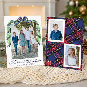 Waterverf Kerstmis Plaid Boog Guirlande Swag Foto Feestdagenkaart