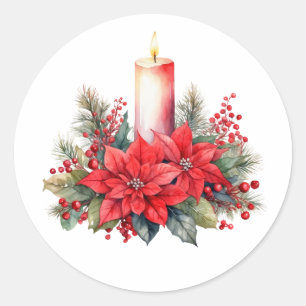 Waterverf Kerstmis Poinsettia Bloemen, Bessen Ronde Sticker