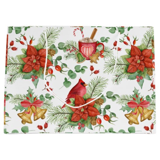 Waterverf Kerstmis Poinsettia en rode kardinaal Groot Cadeauzakje (Voorkant)