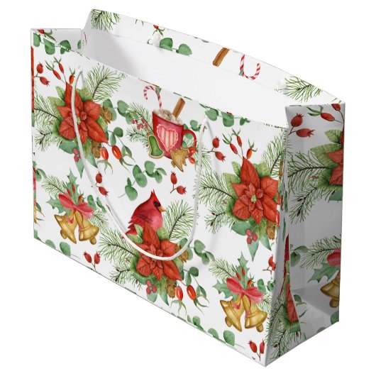 Waterverf Kerstmis Poinsettia en rode kardinaal Groot Cadeauzakje (Achterkant Gekanteld)