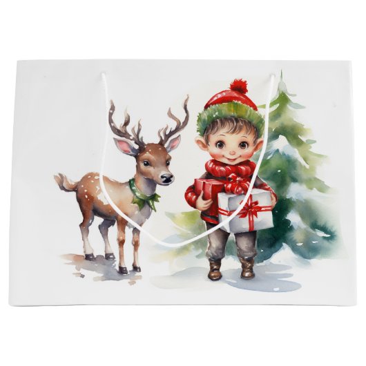 Waterverf Kerstmis Rendier en Elf Groot Cadeauzakje (Voorkant)