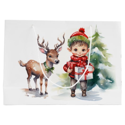 Waterverf Kerstmis Rendier en Elf Groot Cadeauzakje (Achterkant)