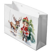 Waterverf Kerstmis Rendier en Elf Groot Cadeauzakje (Voorkant Gekanteld)