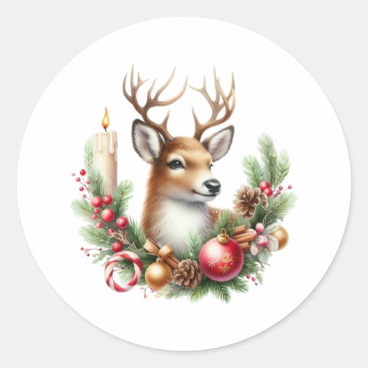 Waterverf Kerstmis rendieren Ronde Sticker (Voorkant)