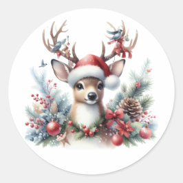 Waterverf Kerstmis rendieren Ronde Sticker