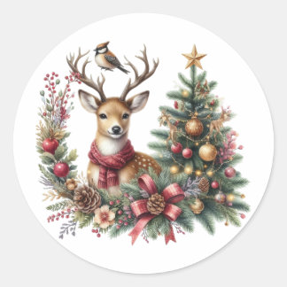 Waterverf Kerstmis rendieren Ronde Sticker