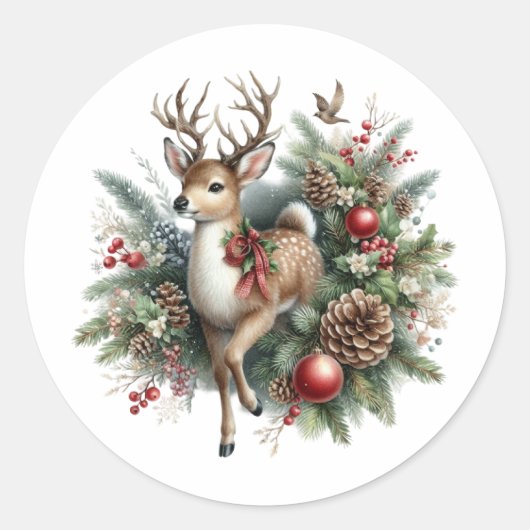 Waterverf Kerstmis rendieren Ronde Sticker (Voorkant)