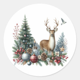 Waterverf Kerstmis rendieren Ronde Sticker