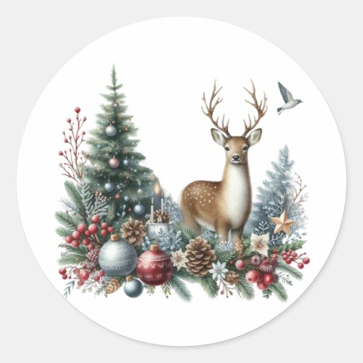 Waterverf Kerstmis rendieren Ronde Sticker (Voorkant)