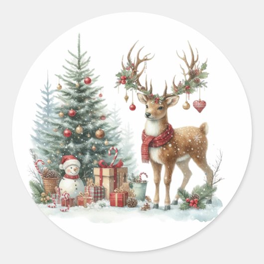 Waterverf Kerstmis rendieren Ronde Sticker (Voorkant)