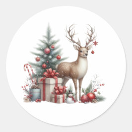 Waterverf Kerstmis rendieren Ronde Sticker